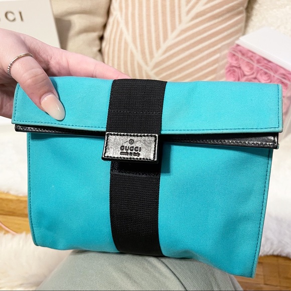 Authentic Gucci Large Turquoise Canvas Cosmetic Bag / Clutch